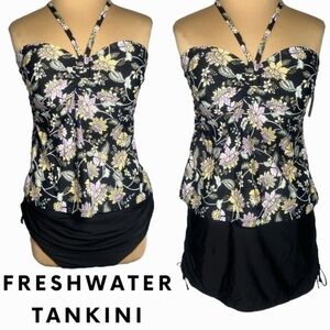 Freshwater black floral halter tankini with adjustable skirted bottoms